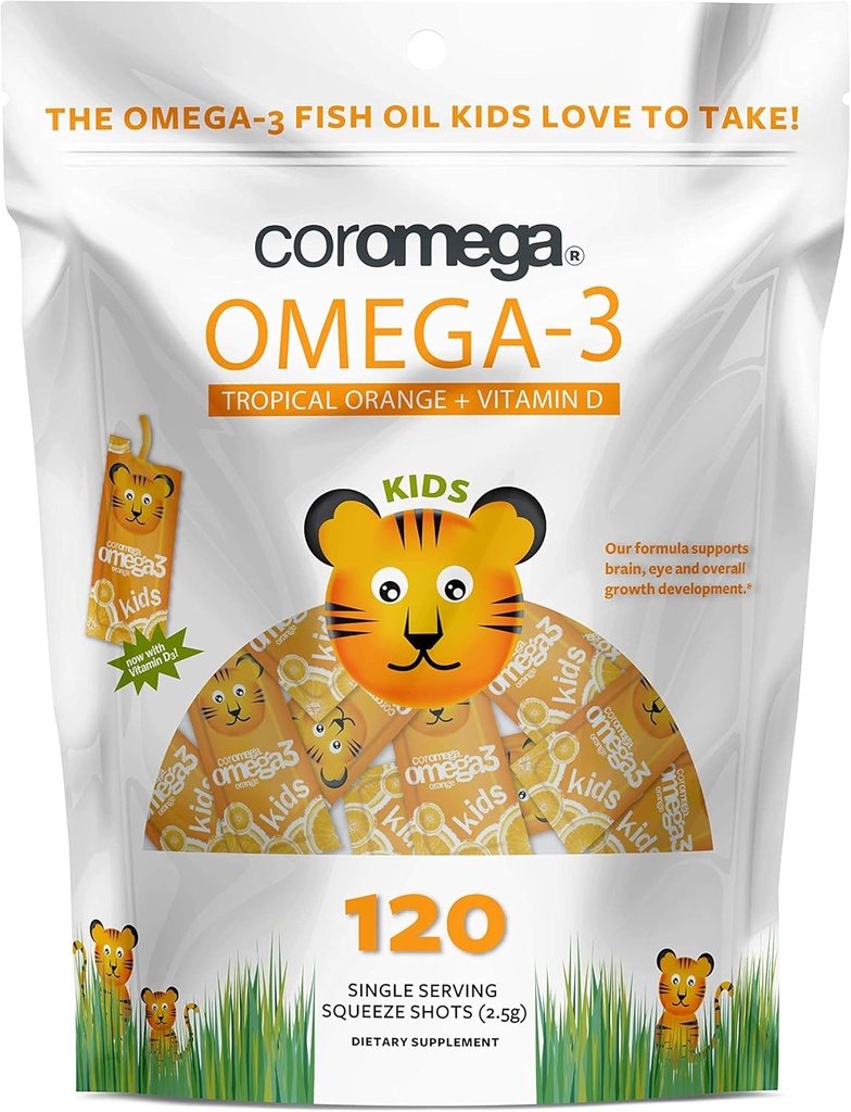 Coromega Kids Omega 3 Fish Oil Supplement, 650mg von Omega-3s, Tropical Orange + Vitamin D, 120 Single Serve Squeeze Packets