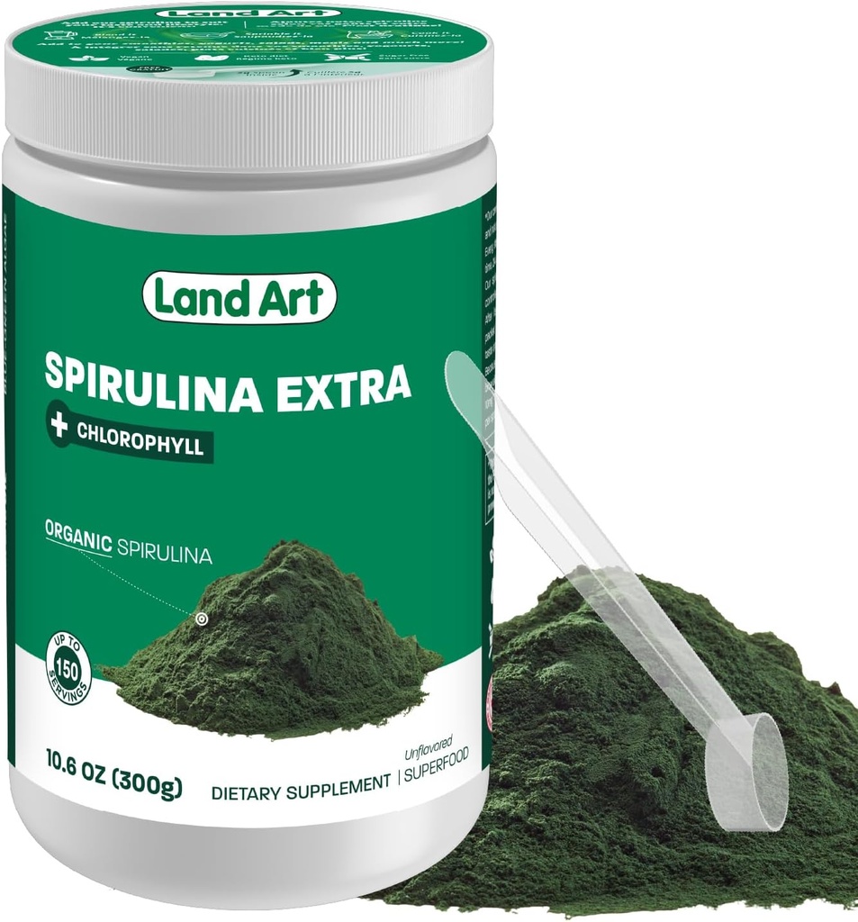 Land Art Certified Organic Fresh Spirulina Extra Powder 300g - Verbessert mit Bioverfügbarem Chlorophyll Hinzugefügt - Unvorhergesehen - Clean Source - 3rd Party Getestet - Messlöffel drinnen