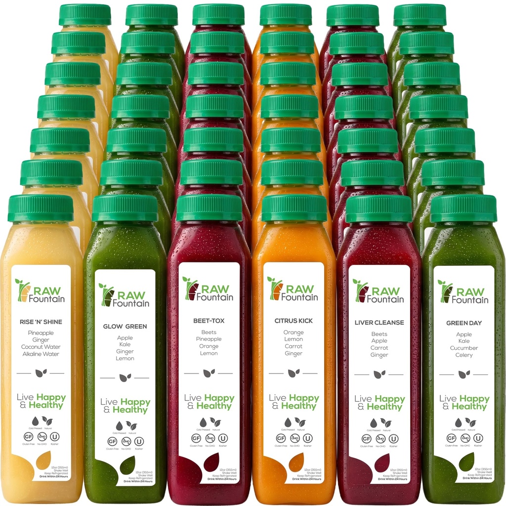 7 Day Juice Cleanse par Fountain Raw, tout naturel detox Cleanse, jus pour le repos corporel, jus pressé froid rapide, excellente façon de sauter à une alimentation saine, 42 bouteille 12oz, 7 coups de gingembre