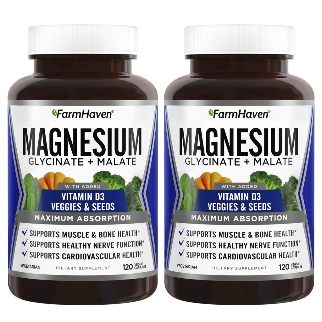 FarmHaven Magnésium Glycinate & Malate Complex avec/Vitamine D3, 100% Chélaté pour Max Absorption- Bone Health, Nerves, Muscles, 240 Capsules, 120 Jours