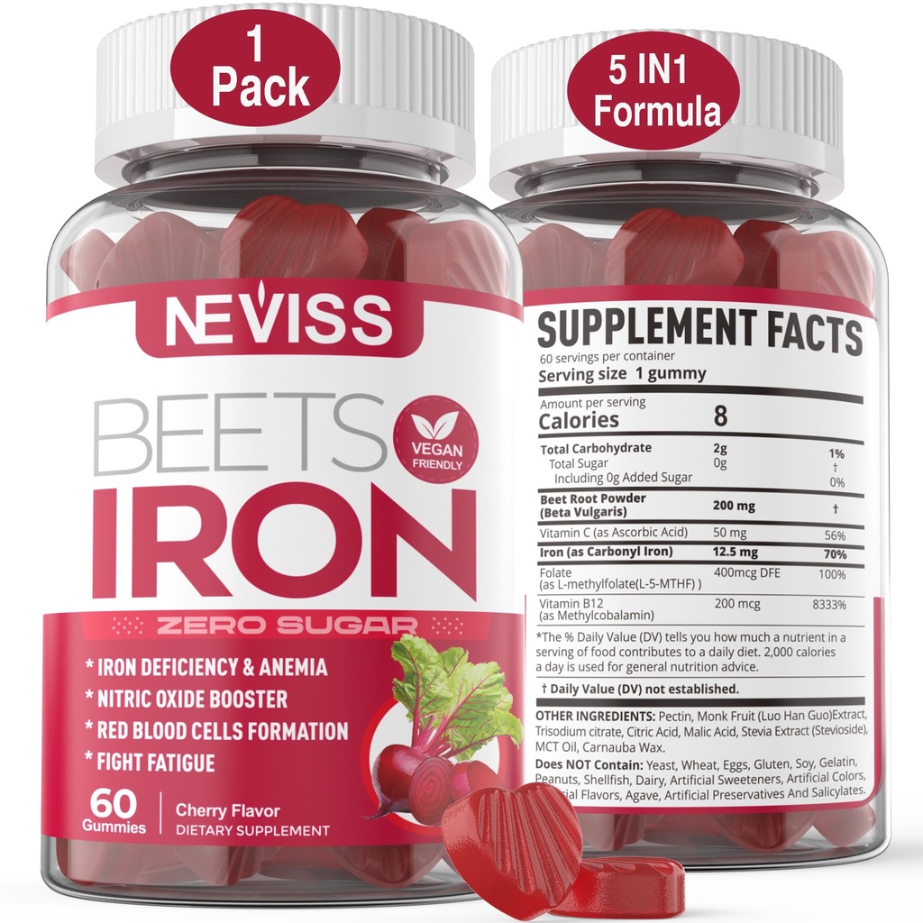 Beet Root Gummis mit Eisen, Methyl B12, Folat, Vitamin C - Erhöhen Sie Nitric Oxide & Iron Levels, Energieunterstützung, Kampf Fatigue, Beetroot & Gentle Iron Supplement, Zuckerfrei, 60 Zähler