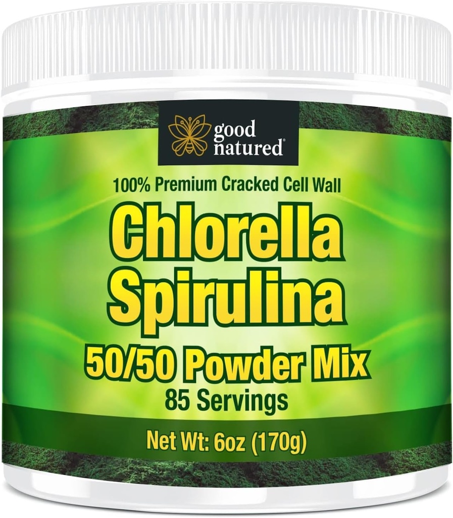 Bonne nature Premium Chlorella Spirulina Poudre de $ 85 Servants $ Non-OGM $ Sunlight Grown $ Couleur vert profond $ Mur de cellule craqué $ Alcalyzing $ Haute protéine $ Capsules organiques végétaliens $ Eau de montagne
