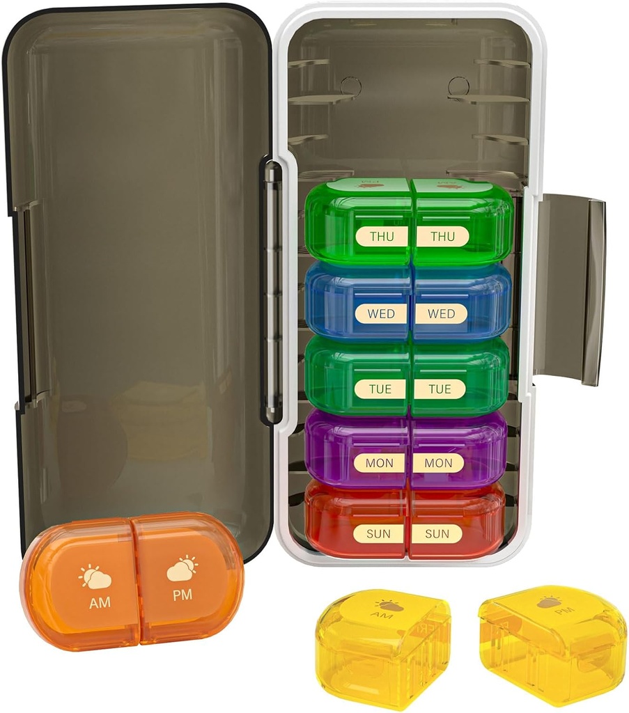 Wöchentliche Pille Organizer 2 Mal pro Tag, Feuchtigkeits-Proof, Detachable Compartments, AM PM Pille Box 2x 7 Tage, Reise Pille Organizer für Pillen/Fish Oil/Medication/Vitamin/Supplements (Schwarz + Bunt)