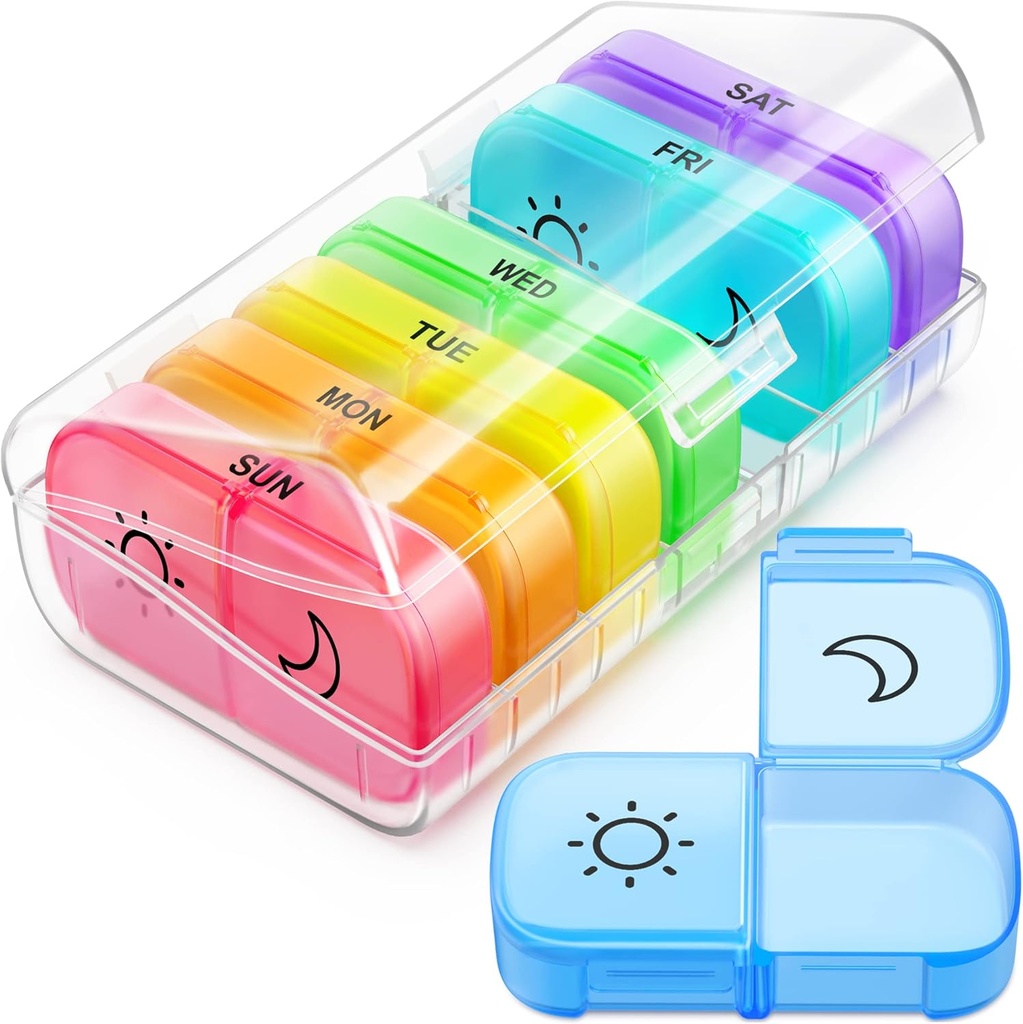 FEATY Weekly Pill Organizer 2 Mal am Tag mit Gleich-Side große Öffnung für einfache Füllung & Retrieving, Farbe Tracking 7 Tag AM Pillen Box mit großen BPA Kostenlose Pille Fall für Vitamine, Fischöle (Clear)