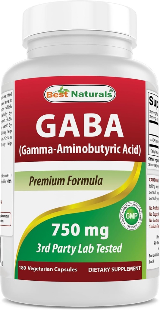 Best Naturals Supplément GABA 750mg 180 Capsules de légumes, aide au sommeil naturel