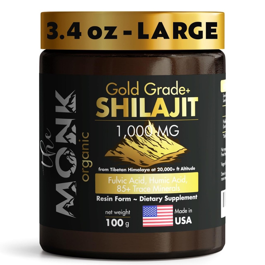 Résine biologique de Shilajit d'Himalaya avec acide fulvic, acide humique, 85+ minéraux- Grade d'or Plus - 100g, 1000 mg par service - énergie, stamina, soutien du cerveau - Fabriqué aux États-Unis