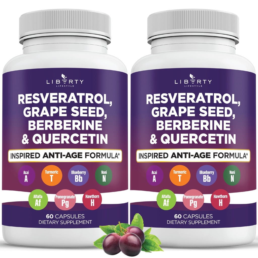 Resveratrol, Berberine, Grape Seed Extract, Quercetin, Polyphenol Supplement für Damen und Herren mit Noni Extract, N-Acetyl Cystein, Acai Extract - 2-Pack