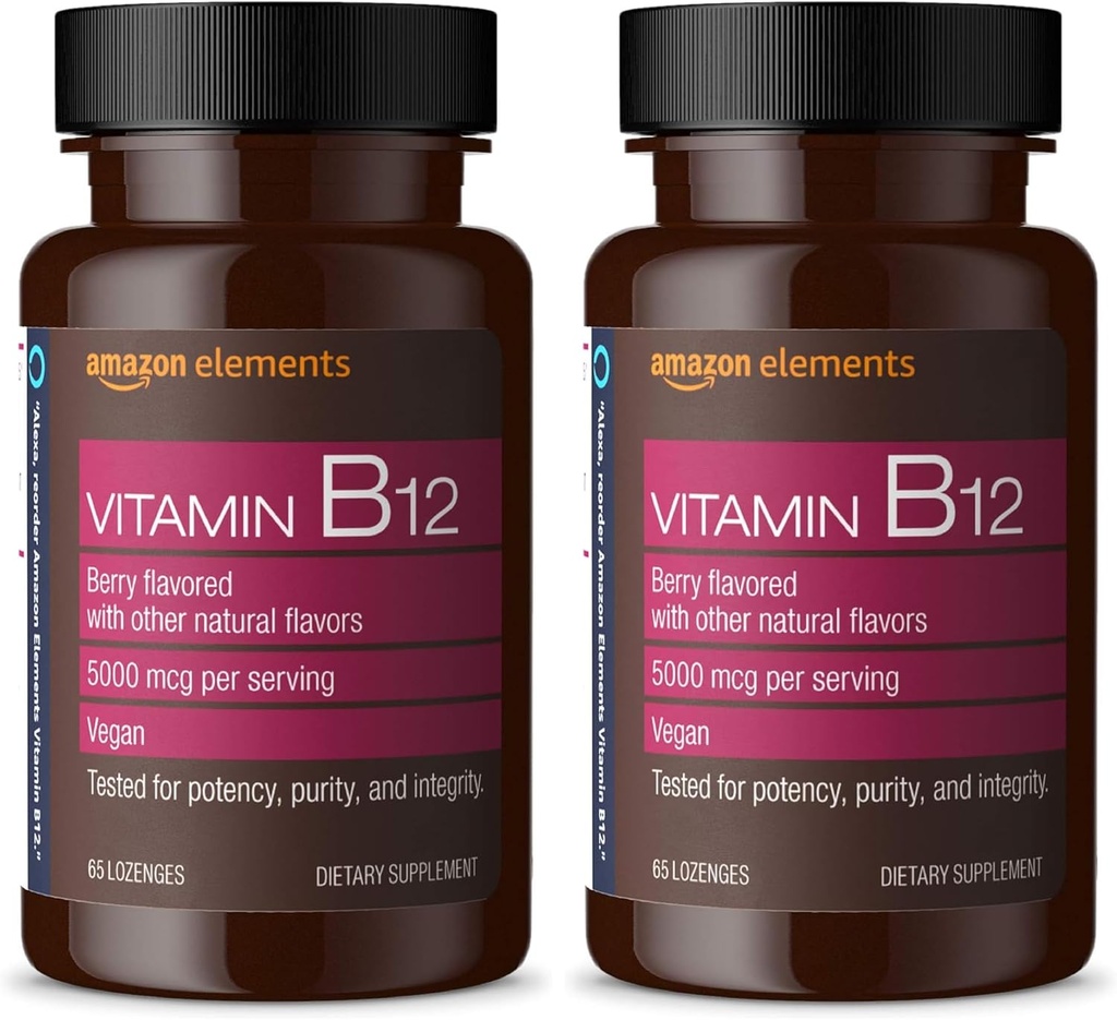 Éléments amazoniens Vitamine B12 méthylcobalamine 5000 mcg - Production d'énergie normale et métabolisme, système immunitaire - 2 mois d'approvisionnement, Lozanges aromatisées au Berry, 65 comtes (paquet de 2)