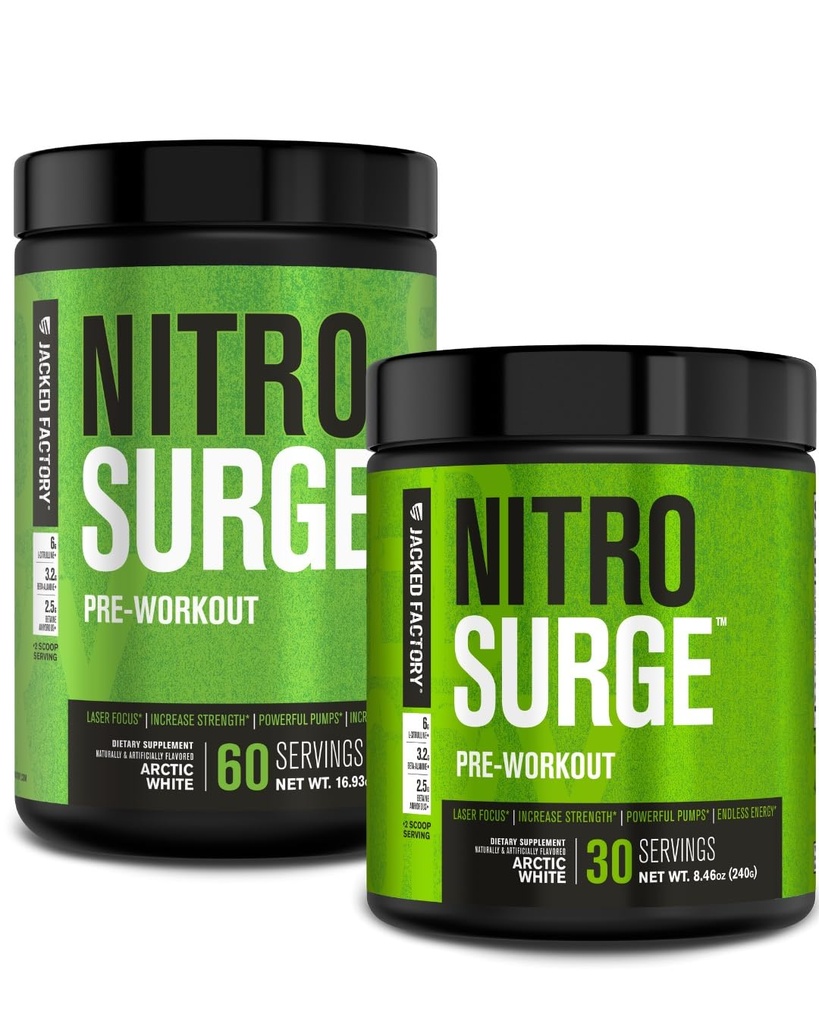 Jacked Factory NITROSURGE Pre Workout Supplement - Endless Energy, Instant Strength Gains, Klarer Fokus, Intensivpumpen - NO Booster & Powerful Preworkout Energy Powder - 90 Portionen, Arctic White