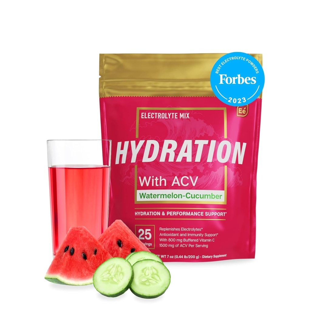 Eléments essentiels Packs d'hydratation - Paquet de concombre de pastèque - Paquets de poudre d'électrolytes sans sucre - Paquets de 25 bâtons de poudre d'électrolytes Pas de sucre - Boissons d'hydratation - avec vinaigre de cidre et vitamine C