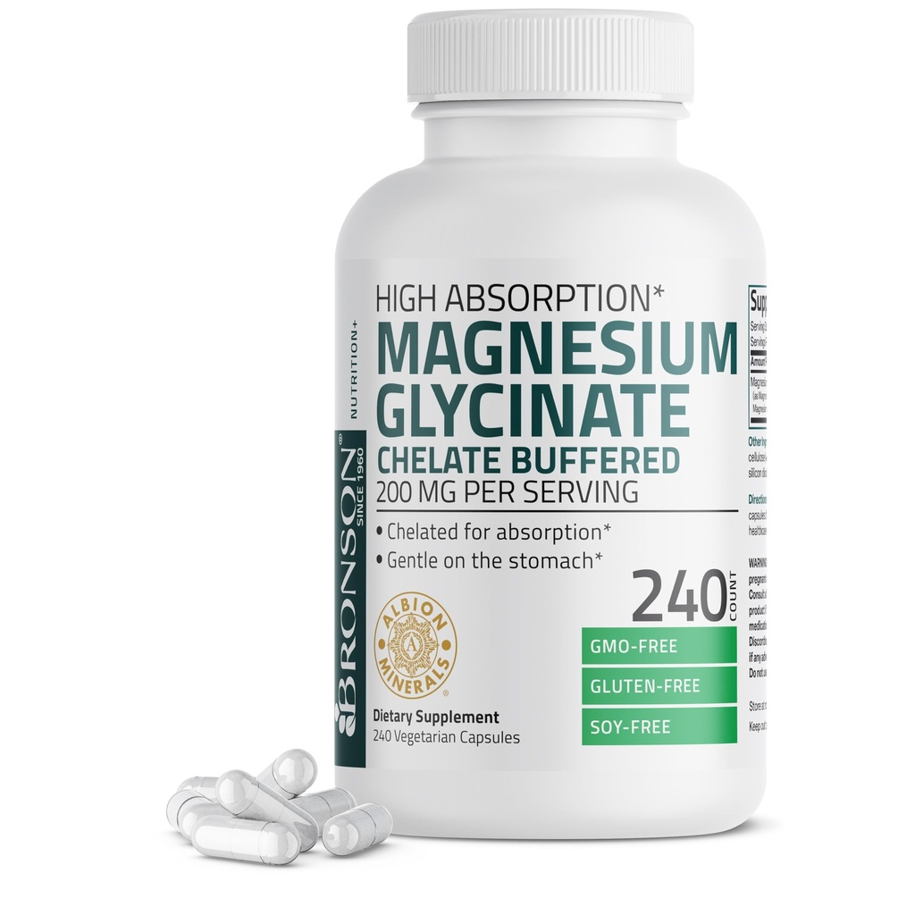Bronson Glycinate de magnésium 200 MG par portion Chélaté pour une absorption élevée, doux sur l'estomac, non-OGM, 240 Capsules végétariennes