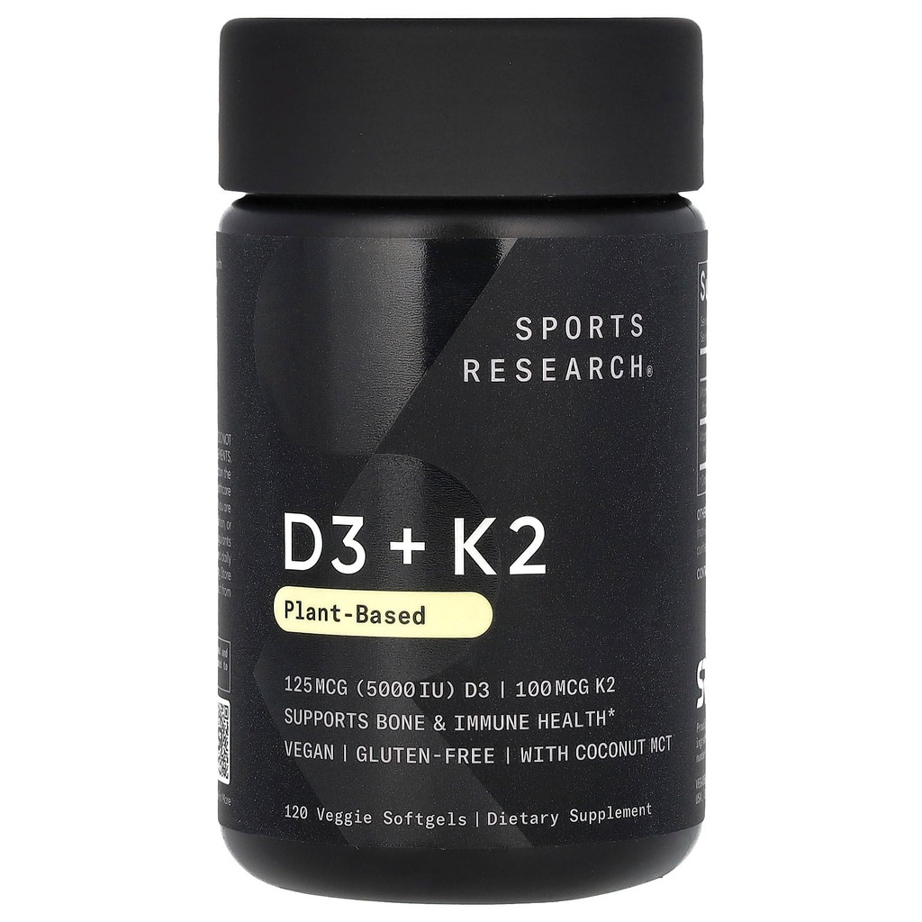 Sportforschung Vitamin D3 mit K2 Softgels - Plant Based K2 & Vegan D3 5000iu mit Kokosnuss-MCT-Öl - Vegan zertifiziert, Soja & Glutenfrei - 120 Count
