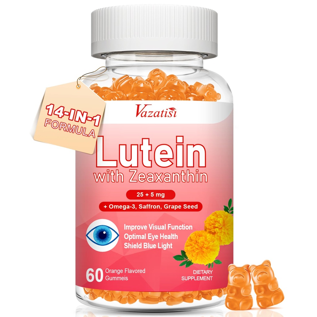 Lutein und Zeaxanthin ergänzt Gummie, Advanced Eye Vitamin Supplement mit Bilberry, Saffron, Grape Seed, Omega 3 für Macular Health, Dry Eye, Visual Function - Orange Flavor, 60 Count