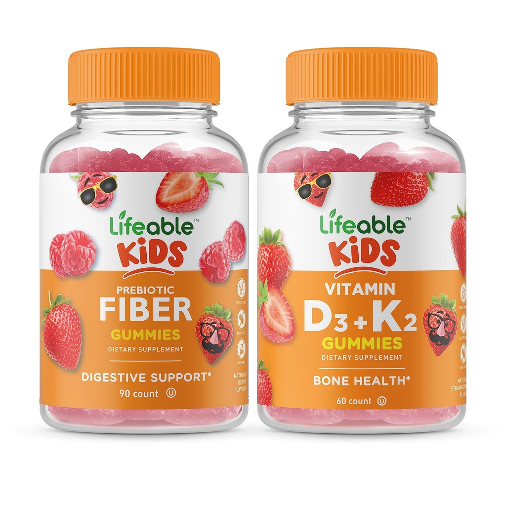 Fibre prébiotique durable enfants + Vitamine D3 + Vitamine K2 Enfants, Gummies Bundle - Grande dégustation, supplément de vitamine, sans gluten, sans OGM, gummy à croquer