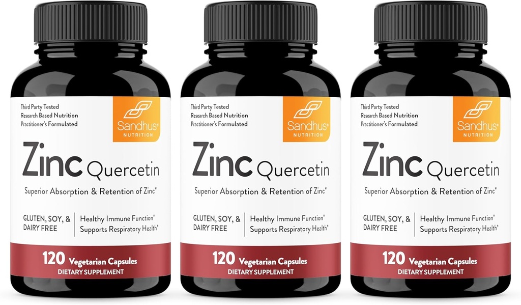 Sandhu's Zink Quercetin 120 Vegetarische Kapseln (Pack von 3) | Zink Ergänzungen für Antioxidante Immununterstützung für Männer und Frauen | Gluten, Soja, Dairy Free