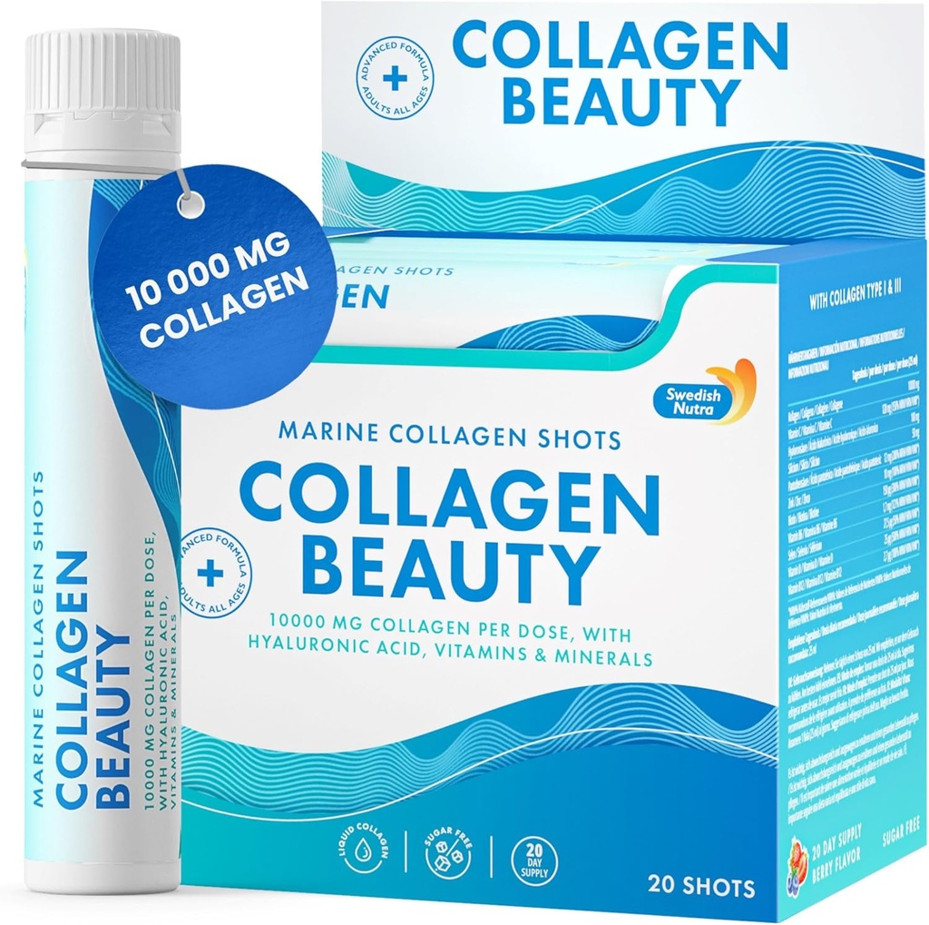 Schwedisch Nutra - Collagen Beauty | 10.000 mg Hydrolyzed Marine Collagen Liquid Supplement - 20 x 25 ml Tägliche Schüsse | Hyaluronsäure und Vitamin C, um gesundes Haar, Haut, Nägel | Sugar-Free zu unterstützen