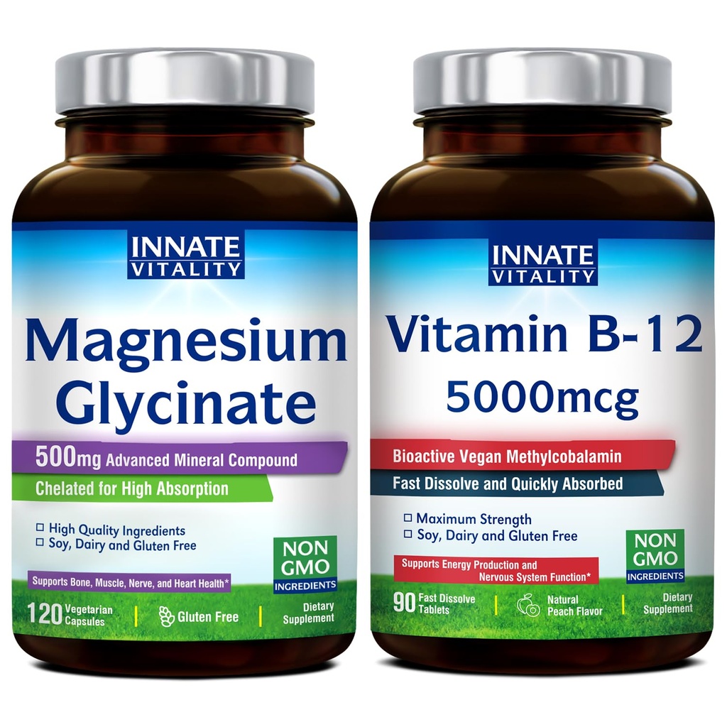 Vitalité innée Glycinate de magnésium et vitamine B12 Bundle, Pas de gluten et végétalien, Magnésium (120 capsules) et vitamine B12 (90 onglets à dissolution rapide), Value Pack, Bundle & Save