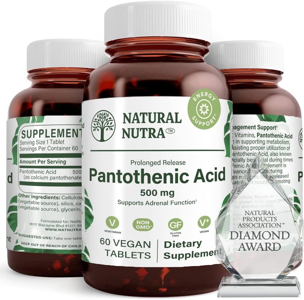 Natürliche Nutra Time Release Pantothensäure 500 mg, Vitamin B5 Supplement hilft Fett und Kohlenhydrate, Stoffwechsel und Energie, Verbesserung der Muskelgesundheit, 60 vegetarische Tabletten (3 Pack)