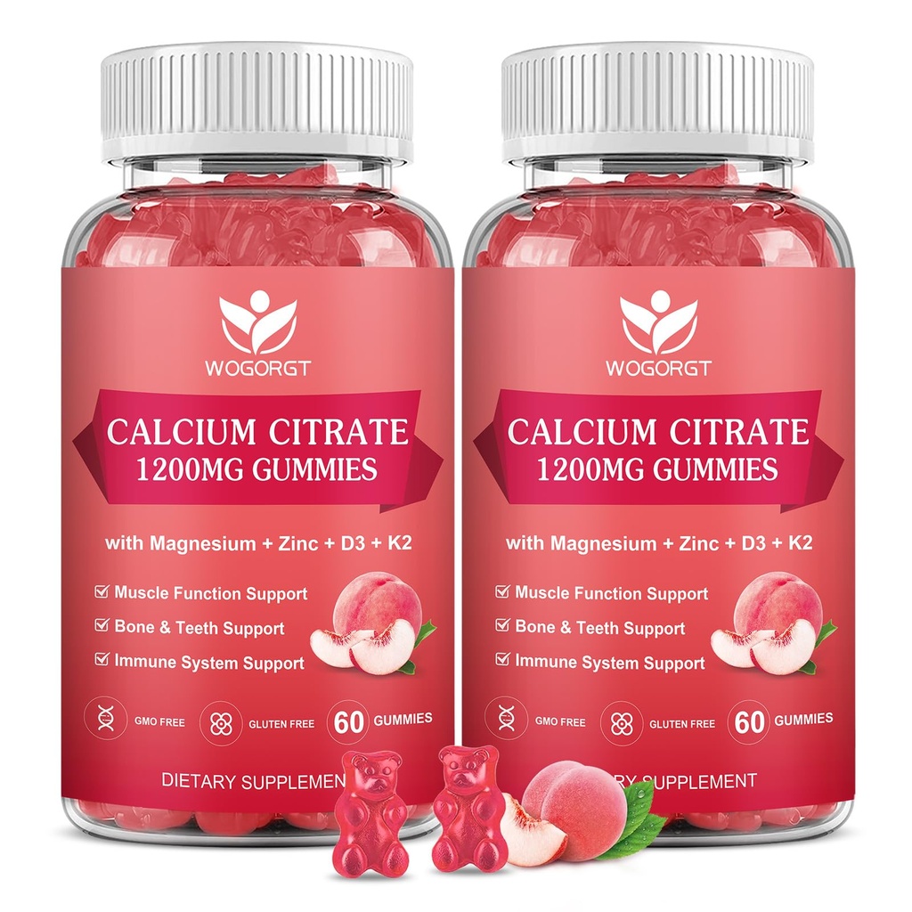 Citrate de calcium 1200mg Gommies avec vitamine D3, K2 - Supplément de zinc de magnésium de calcium à croquer avec extrait de mousse de mer pour les os, les dents, le soutien immunitaire pour les femmes et les hommes, pêche Flavor-60 Gommies(2Pack)