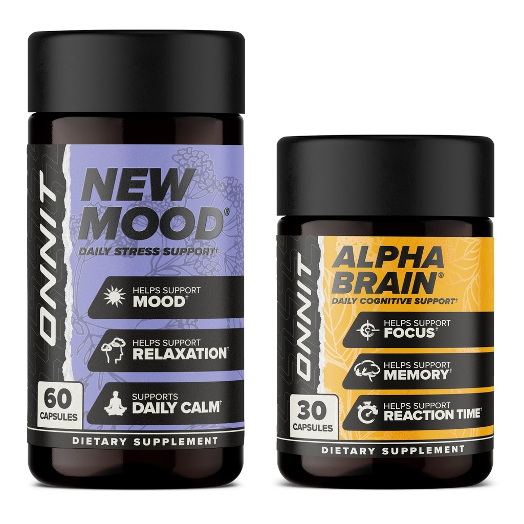 ONNIT Premium Alpha Brain Bundle - Supplément Cerveau Nootropique (30 Compte) pour Focus, Concentration et Mémoire + Nouveau Supplément d'humeur pour Soulagement du Stress, Sommeil et Mood (60 Compte)