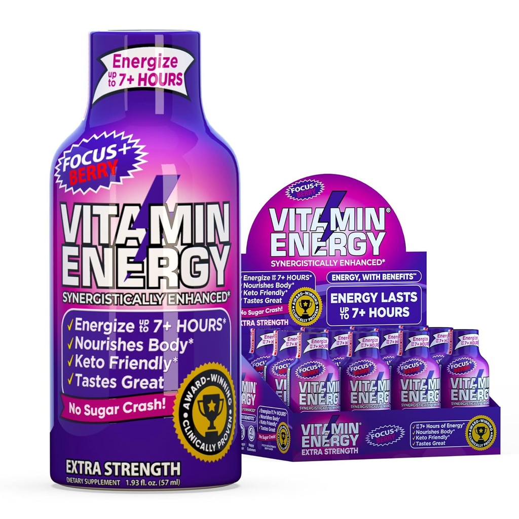 Vitamin Energy Focus+ Extra Strength Energy Shot Berry 4 Pack, 260mg Natural Caffeine, B-Vitamins, CoQ10, Amino Acids, Focus, Productivity & Clarity, Zero Sugar, Gluten-Free, 1.93 fl oz