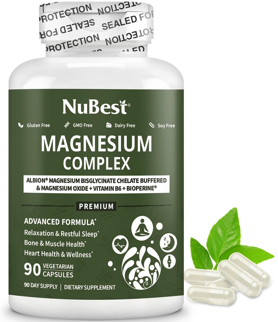 Complexe de chélate de glycine de magnésium avec chélate de glycine de magnésium d'Albion, vitamine B6 et biopérine pour les os, les muscles, le sommeil naturel, la fonction nerveuse, booster le cerveau