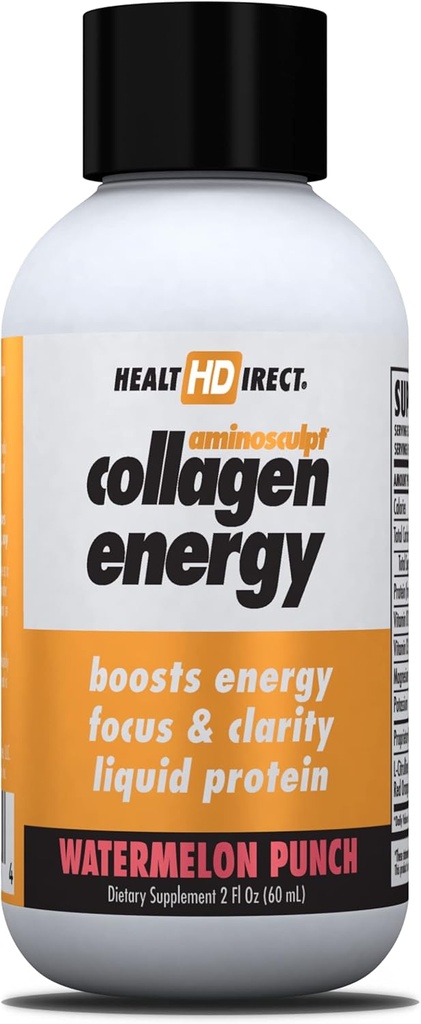 DIRECT SANTÉ - AminoSculpt Collagène Énergie - Collagène liquide pour l'hydratation, la circulation, l'énergie - Vitamine B12, Electrolytes, L-Citrulline, Amla - Punch pastèque - 12 Pack (Fl Oz), 12 Serviettes