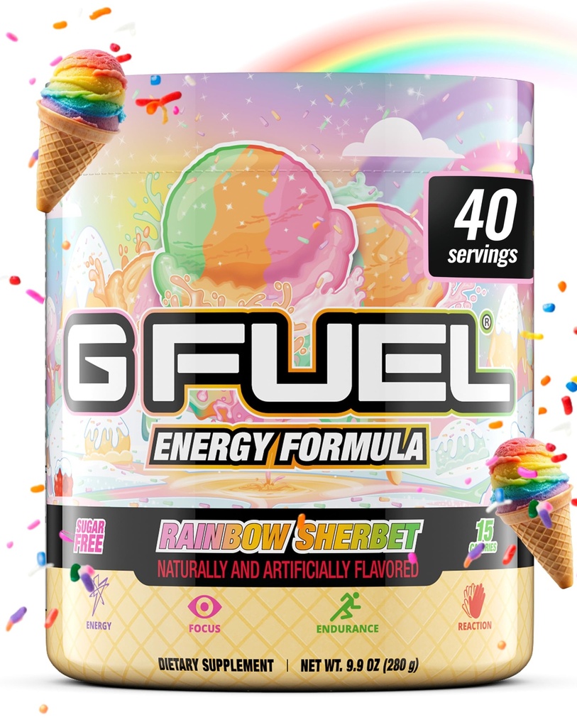 G Fuel Rainbow Sherbet Energy Drink Powder, Pre Workout Caffeine Mix for Gaming, Sugar Free Focus Amino, Vitamin + Antioxidantien, 9.9oz (Rainbow Sherbet, 40 Portionen)