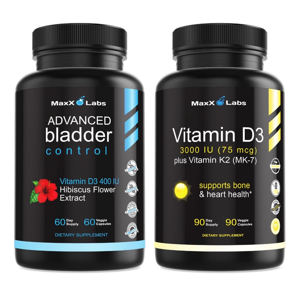 Advanced Bladder Control Supplements für Damen und Herren 60Ct + Vitamin D3 K2 3000 IU mit Vitamin K als MK-7 von Natto unterstützen gesunde Knochen, Zähne, Herz- und Immunfunktion 90Ct