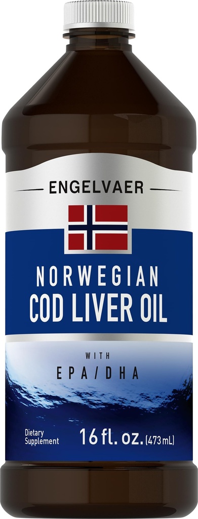 Piping Rock Cod L'huile de foie liquide de 16 fl oz avec l'EPA DHA. Engelvaer Norwegian.