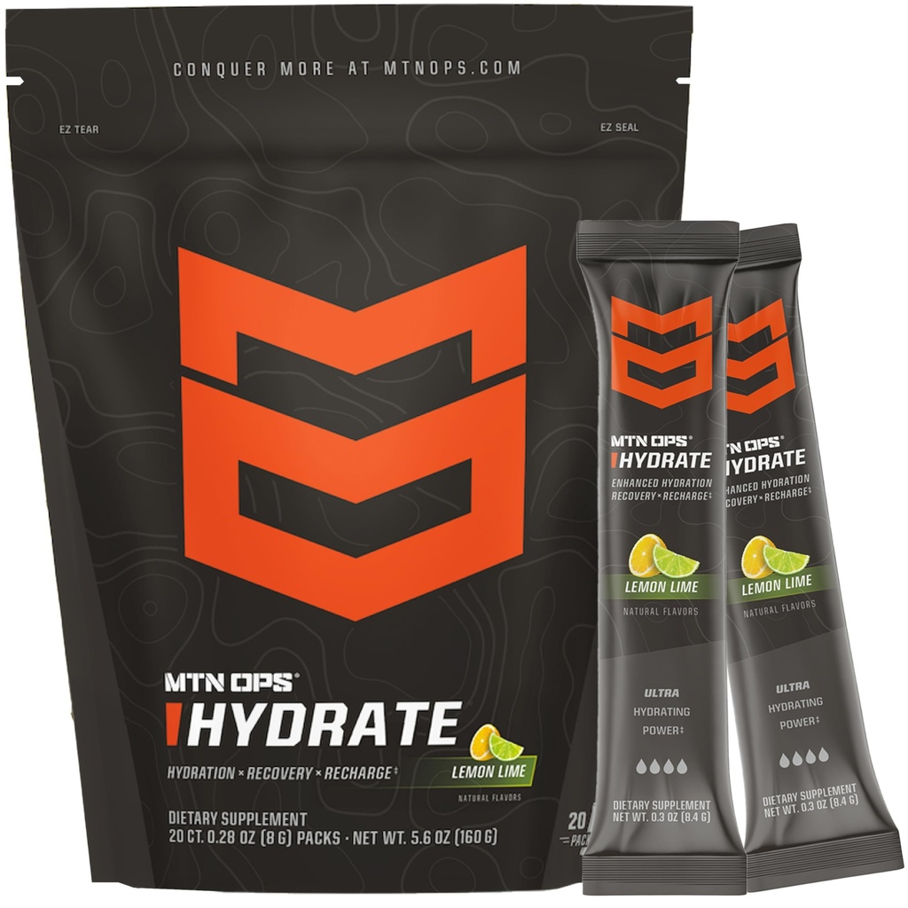 MTN OPS Hydrate Elektrolyte Pulver-Getränk-Mix, 20 Single Servieren On-The-Go Elektrolyt-Packs mit über 1000mg Elektrolyten pro Servieren, Zitronenlime