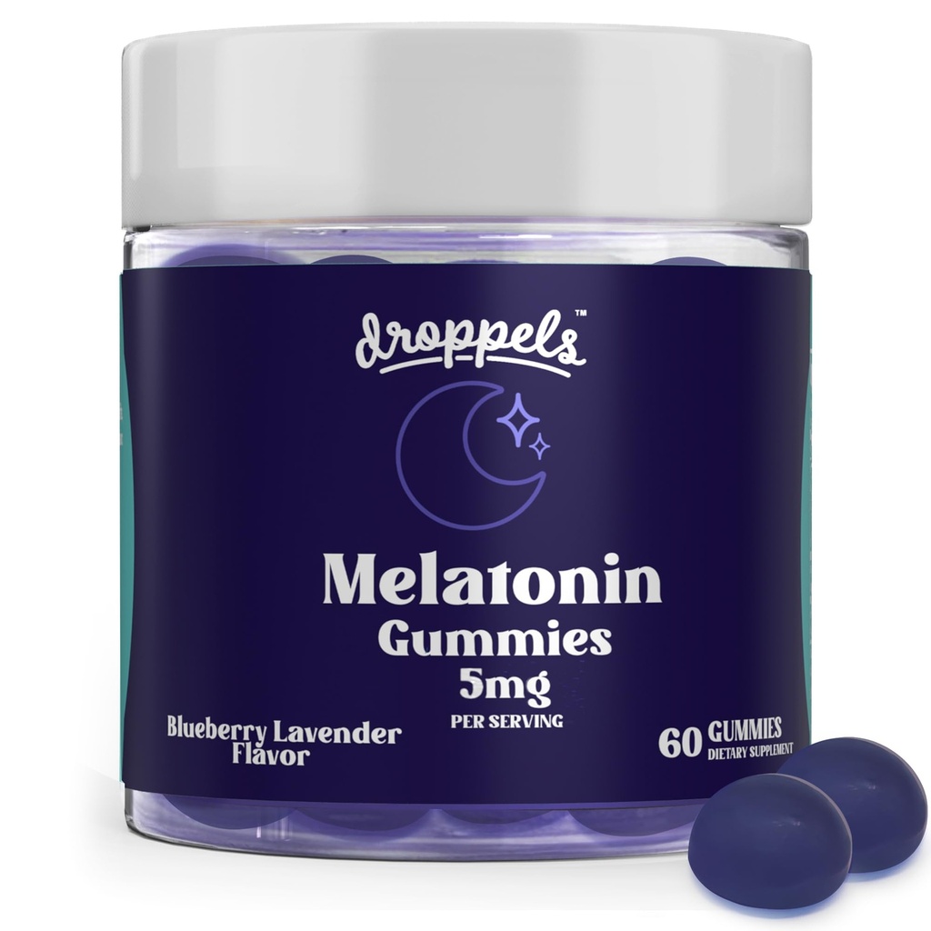 Droppels Mélatonine Gommies, 5mg – Végétaux, Mélatonine Vegan 5mg pour le soutien naturel du sommeil avec l'extrait de camomille, 60 comte, Blueberry Flavor (1-Mois)