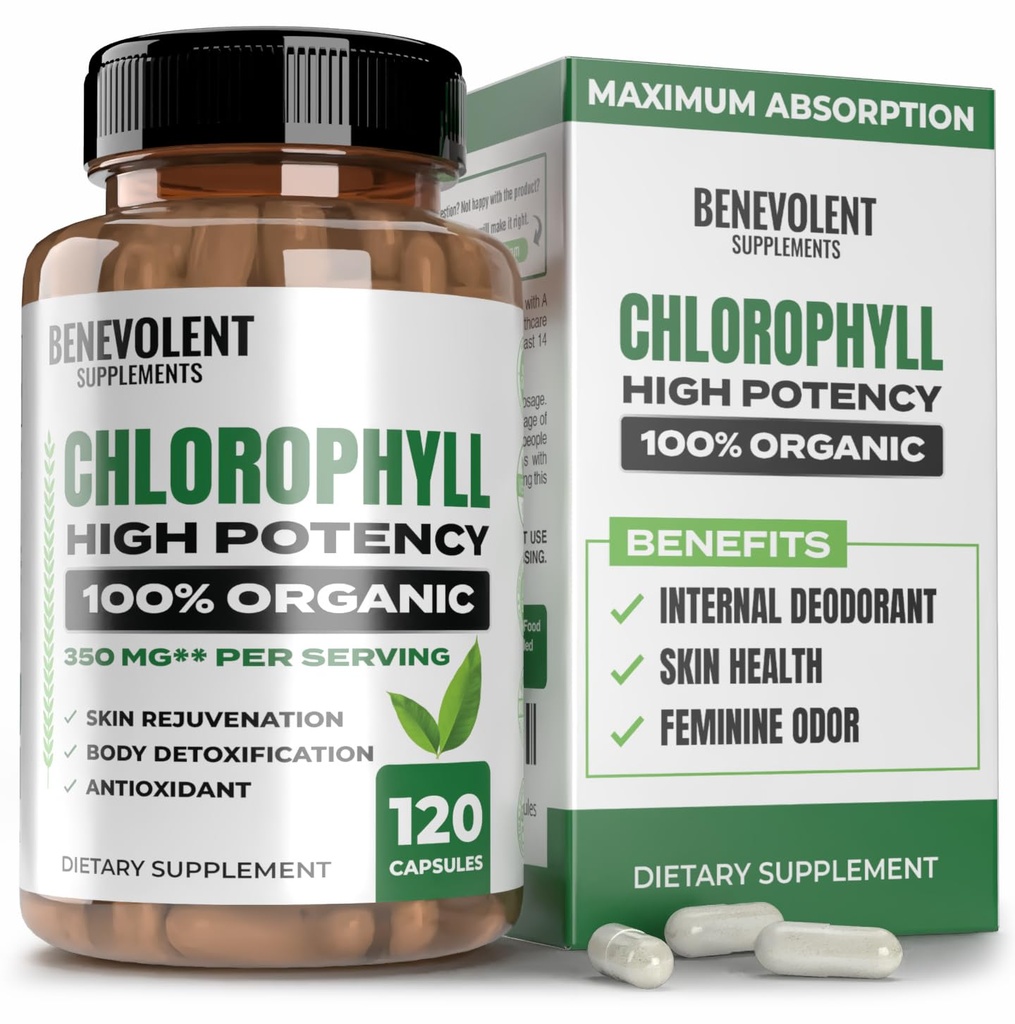 Benevolent Chlorophyll Kapseln 350mg - 100% natürlich + Ultra Chlorophyll 20x Potenzkonzentration für Energiestärke, Immununterstützung, interner Deodorant, Hautgesundheit, Non-GMO, 120 Kapseln