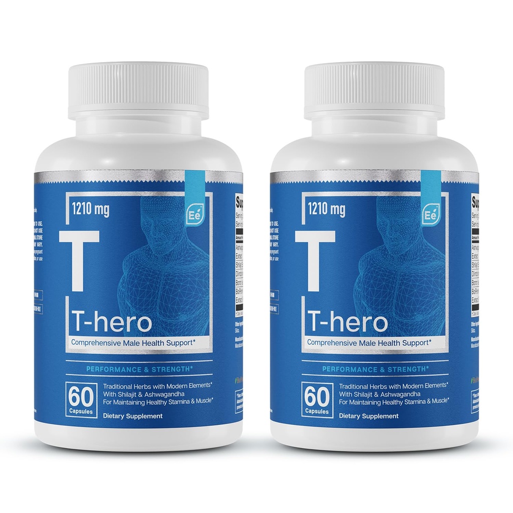 Éléments essentiels T-Hero - Support quotidien de testostérone pour les hommes - favorise la vitalité et la conduite - avec Ashwagandha, Shilajit, Boron, DIM - 60 comte - 30 services (2-paquet)