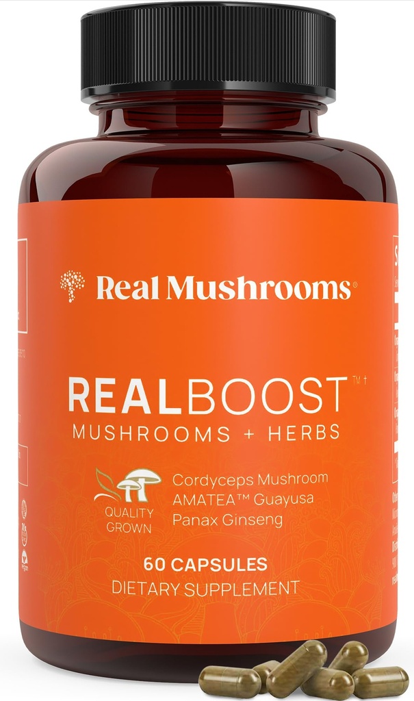 Reale Pilze RealBoost Capsules – Cordyceps Pilz, Panax Ginseng & Guayusa Extrakt – für allgemeine Wellness & Energie Unterstützung – Vegan, Non-GMO, keine Füllstoffe – 60 Count Mushroom Supplement