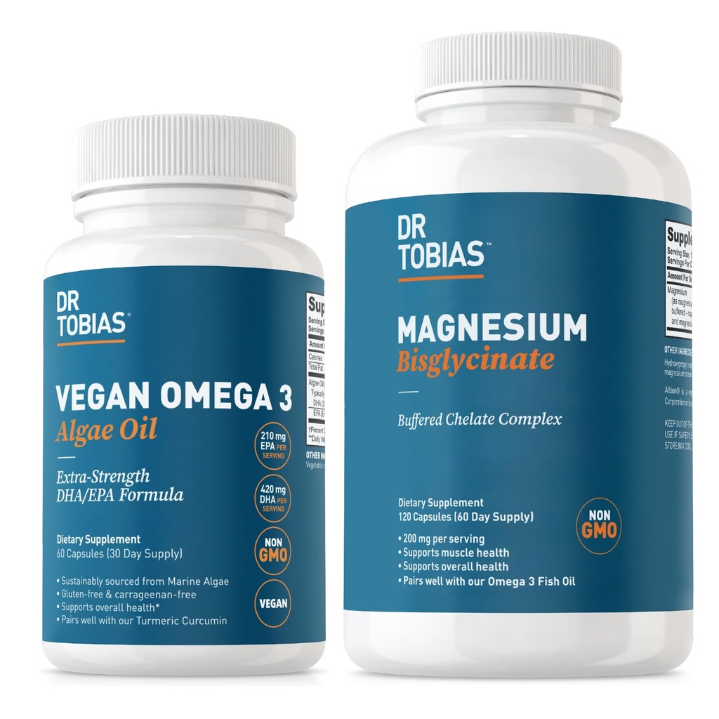 Dr. Tobias Vegan Omega 3 Algenöl und Magnesium Bisglycinat, essentielle Wellness-Unterstützung für Herz, Gehirn, Muskel und Knochengesundheit, Non-GMO, Vegan