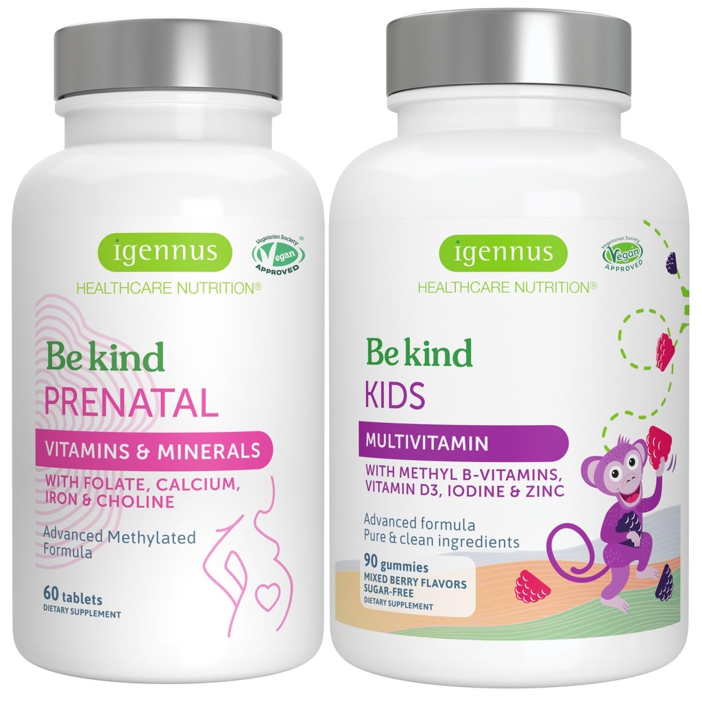 Hohe Absorption Methyliertes Prenatal + Advanced Kids Multivitamin Gummy Vegan Bundle, Clean Label mit Vitamin A, B, C, D3 & E, 60 Tabletten + 90 Berry Flavor Gummis, Seien Sie Kind von Igennus