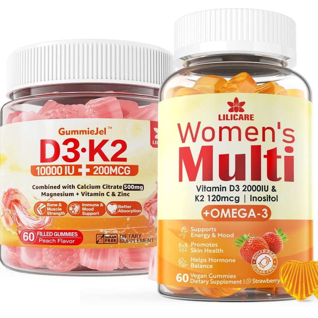 Zuckerfreies Vitamin D3 K2 Gefüllte Gummis + Multivitamin für Damengummis