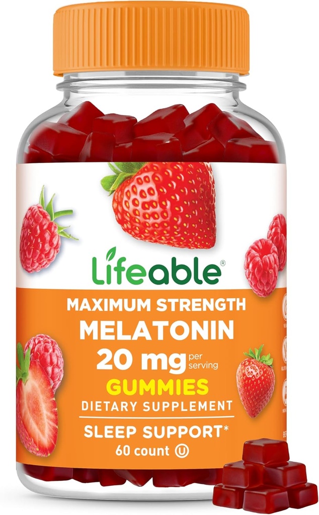 Mélatonine vivace 20mg Gummées de Grande Dégustation Supplément de Sommeil pour Adultes peuvent aider à tomber et rester Asleep.