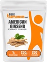 BulkSupplements.com Poudre d'extrait de ginseng américaine - supplément de ginseng, suppléments à base de plantes - sans gluten, 1g par portion, 250g (8,8 oz) (paquet de 1)