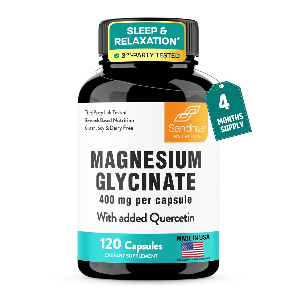 Sandhu's Magnesium Glycinate 400mg Kapseln mit Quercetin | Qualität Schlaf, Entspannung, Muskel-Gesundheit & Immun-Unterstützung | 120 Count (Pack von 1) | Einfach zu schlucken | für Frauen und Männer