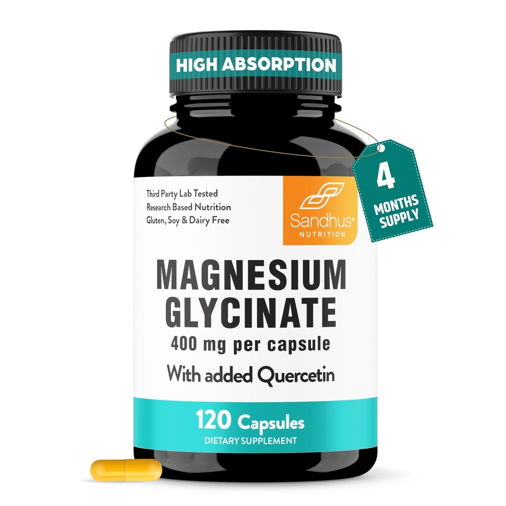 Sandhu's Magnesium Glycinate 400mg Kapseln mit Quercetin | Qualität Schlaf, Entspannung, Muskel-Gesundheit & Immun-Unterstützung | 120 Count (Pack von 1) | Einfach zu schlucken | für Frauen und Männer