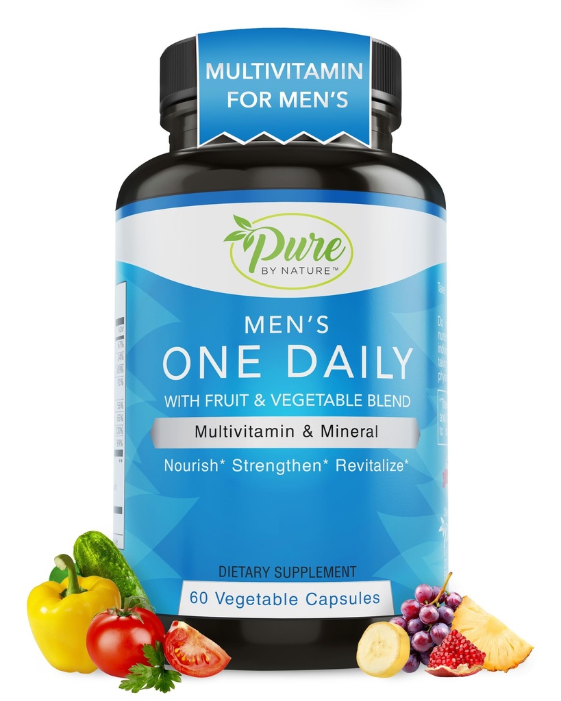 Pure By Nature Multivitamine unique quotidienne pour les hommes, supplément de soutien immunitaire avec ingrédients non OGM, vitamines et minéraux pour l'énergie, 60 capsules de légumes