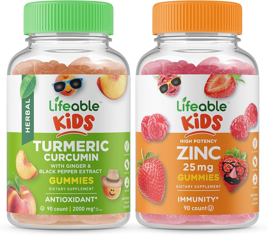 Curcumine curcumine curcuma vivace pour enfants + Zinc 25mg Enfants, Gummies Bundle - Grande dégustation, supplément de vitamine, sans gluten, sans OGM, gummy à croquer
