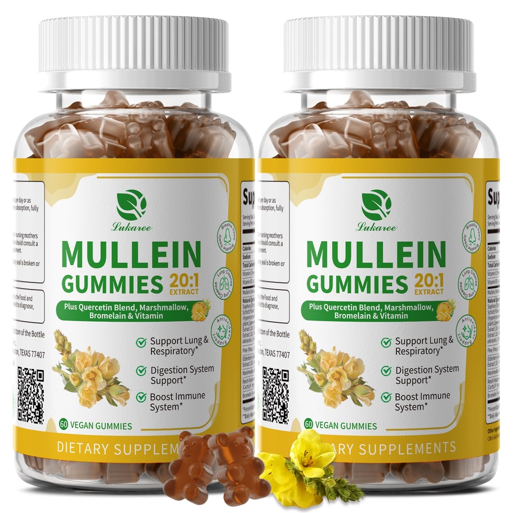 (2 Pack) 9 in 1 Mullein Gummies für Lung Cleanse & Detox, Extra Strength Mullein Leaf Extract w/Quercetin, Bromelain, Elderberry & Marshmallow for Respiratory, Immune & Digestive, Vegan,120 Count