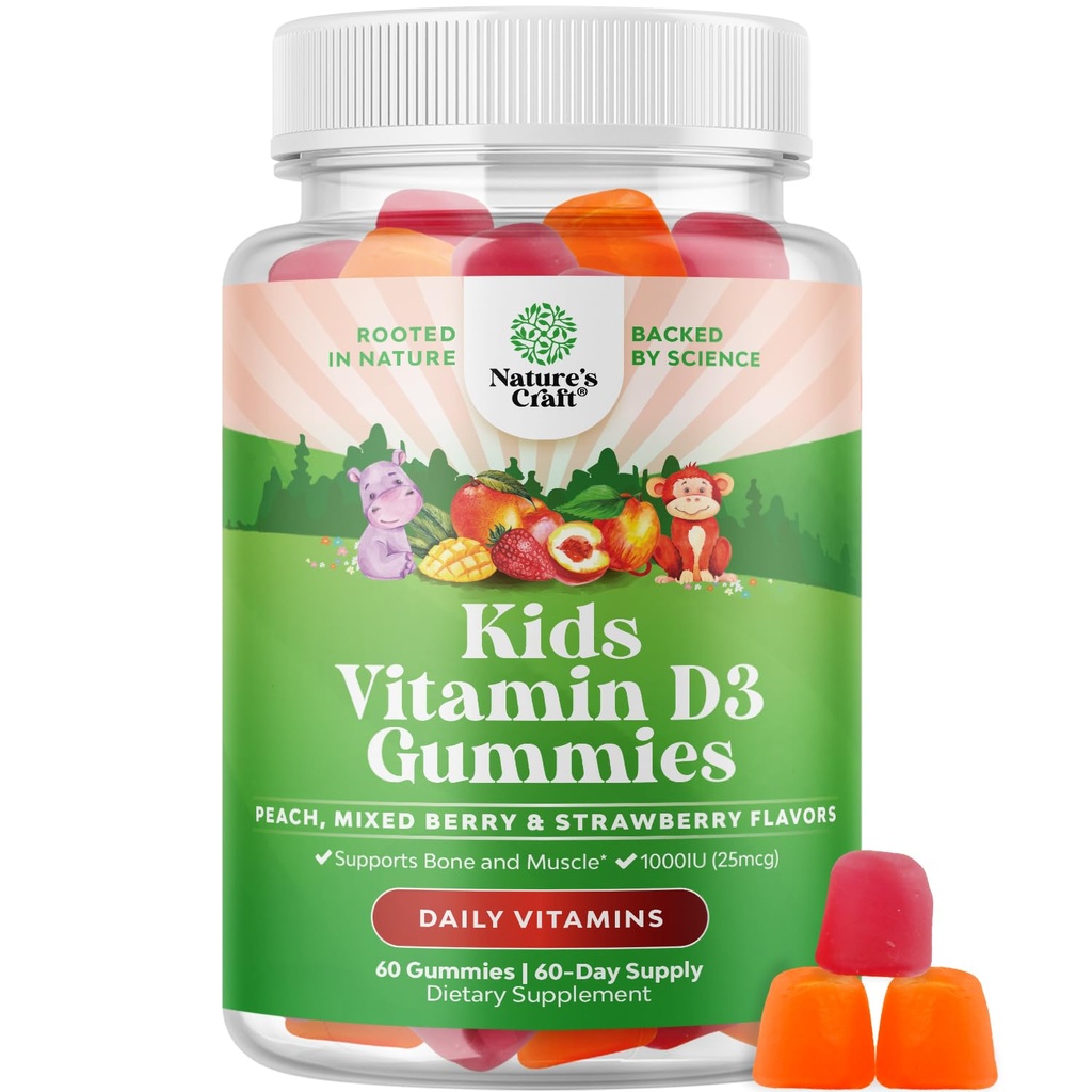 Gommies de vitamine D à croquer pour les enfants - Delicious Kids Vitamine D 1000 UI par portion Vitamines de gommy pour et pour les tout-petits Immune Support Plus Santé des dents et des os musculaires - Saveurs de fruits sans gélatine