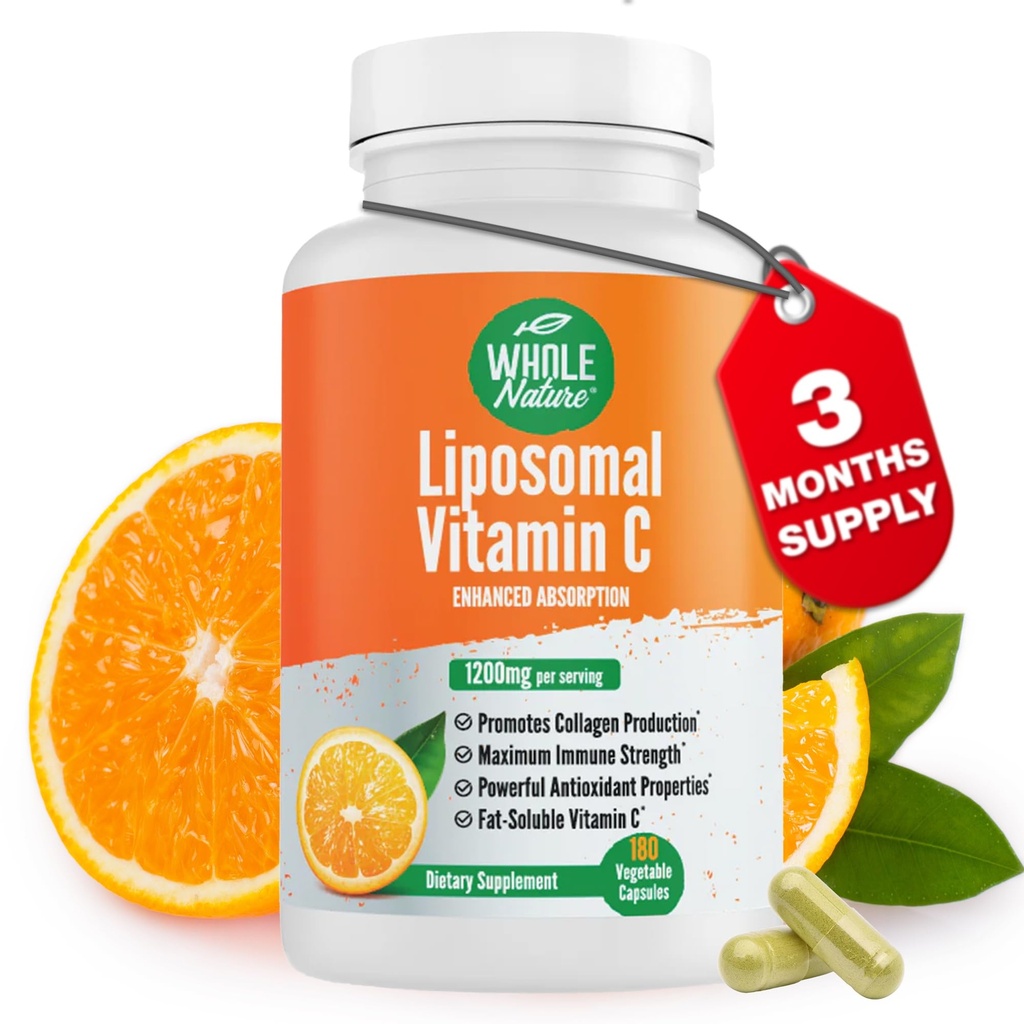 Liposomale Vitamin C Ergänzung Pillen 1200 mg - Hohe Absorption 180 Vegan Kapseln Fett löslich VIT C, maximale Stärke Immunsystem und Kollagen Booster, Sonnenblume Lecithin
