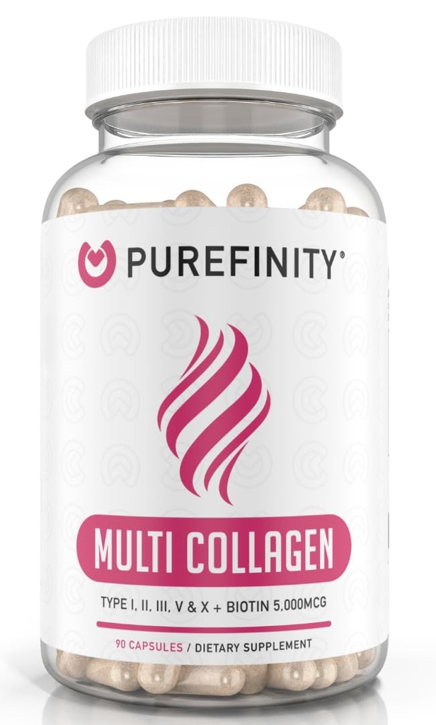 PUREFINITY Collagen Peptide für Frauen – Typ I, II, III, V & X mit Biotin & Hyaluronsäure, Unterstützt gesunde Haut, Knochen, Haare & Nägel – Non-GMO, Grass-Fed (90 Kapseln, 1 Monat Versorgung)