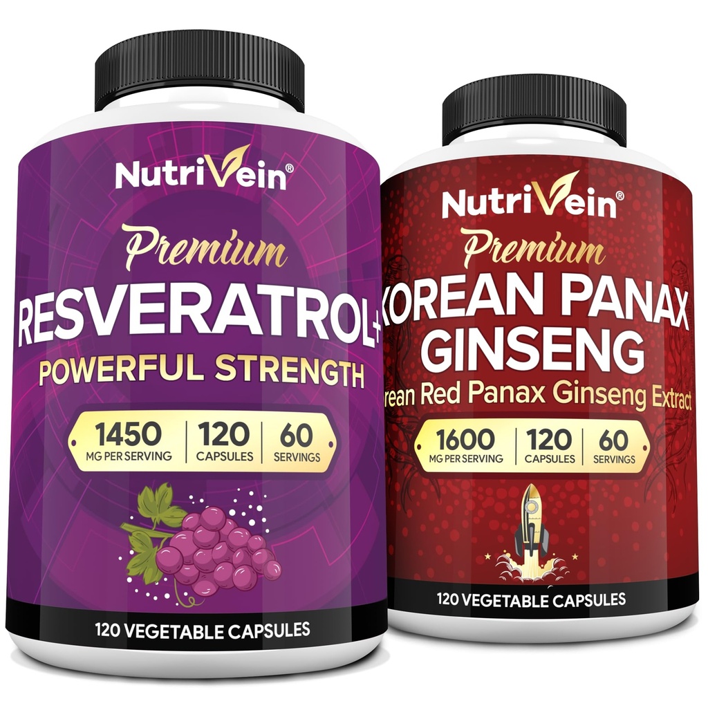 Nutrivein Premium Korean Panax Ginseng Supplement & Resveratrol Supplement Bundle: Capsules et Ginseng à haute absorption pour le cerveau, la défense, la réparation et la vitalité