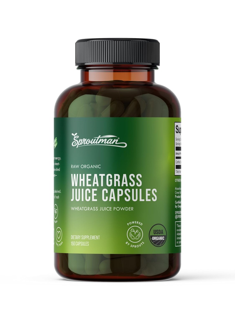 Capsules de poudre de jus de blé biologique par Sproutman - 100% Pure Wheatgrass - Aides Digestion - Haute en vitamines, antioxydants, chlorophylle, enzymes, minéraux et énergie (150 pilules)